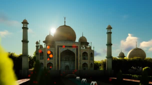 Taj Mahal och blomma kronblad mot vacker soluppgång, panorering, 4k — Stockvideo