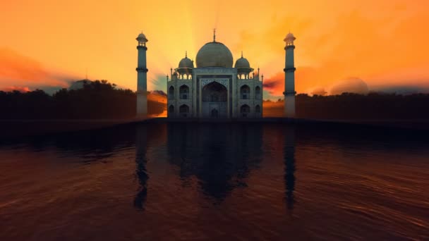 Taj Mahal vista frontal contra el hermoso sol al amanecer, 4K — Vídeos de Stock