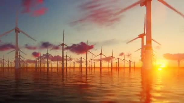 Оффшорные ветряные мельницы с техническим кораблем на закате, панорама — стоковое видео