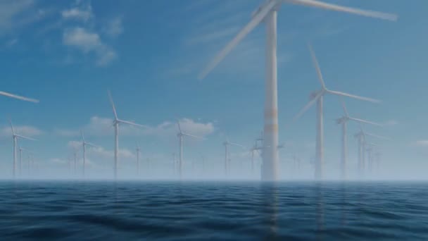 Оффшорные ветряные мельницы с технической лодкой против утреннего тумана — стоковое видео