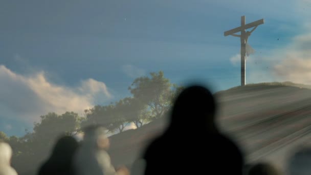 Religious believers praying at Jesus cross  at dawn — Stock Video