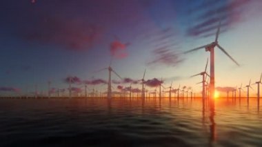 Gün batımında teknisyen tekne ile offshore yel değirmenleri, panning, 4k
