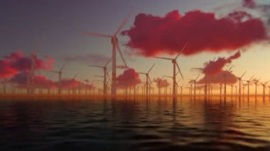 Güzel gündoğumu karşı Offshore yel değirmenleri, panning