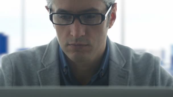 Businessmen working on laptop against city skyline, getting in focus — Stock Video