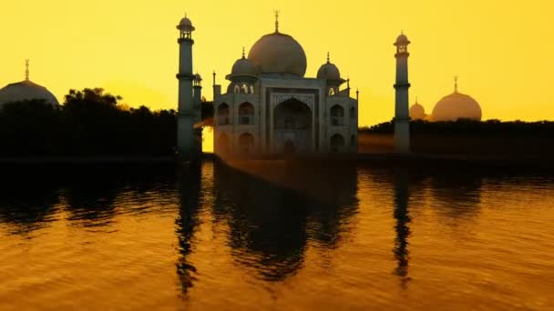 Taj Mahal weerspiegeld in water tegen prachtige zon — Stockvideo