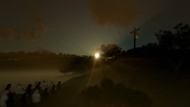 宗教信徒祈祷耶稣十字架反对美丽的日落，4k — 图库视频影像