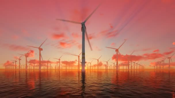 Moulins à vent offshore contre le beau lever du soleil, 4K — Video
