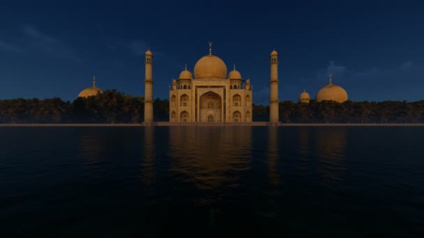 Taj Mahal por la noche, hermoso reflejo de agua, 4K — Vídeos de Stock