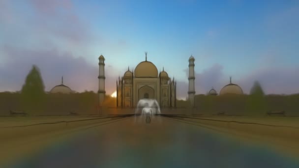 Taj Mahal boceto para pintar contra hermoso amanecer, inclinación, 4K — Vídeo de stock