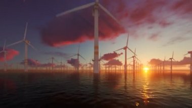 Güzel gün batımına karşı offshore yel değirmenleri, denizaşırı uçuş, 4k