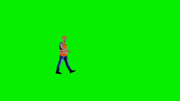 Operaio edile che cammina sullo schermo verde, Luma Matte attaccato — Video Stock