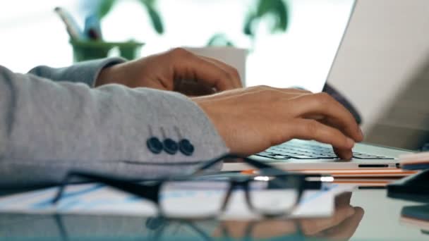 Close-up van zakenman handen werken aan laptop in kantoor en het controleren van grafieken, Tilt — Stockvideo