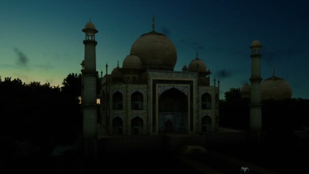 Taj Mahal przeciw pięknym timelapse wschód słońca, panoramowanie — Wideo stockowe