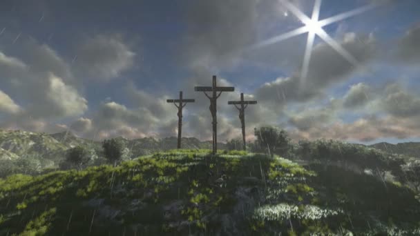 Jesus na cruz, nuvens timelapse, chovendo — Vídeo de Stock
