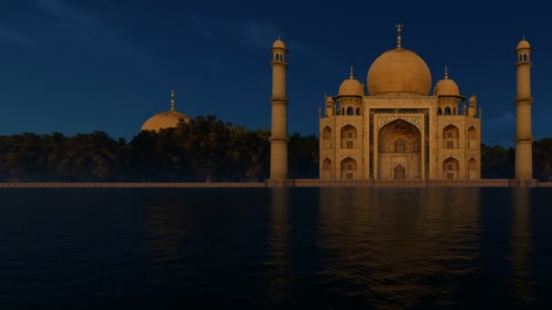 Taj mahal in der Nacht, schöne Wasserspiegelung — Stockvideo