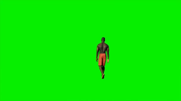 Афро-американец в шортах, идущий против зеленого экрана, Лума Матте прилагается — стоковое видео