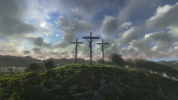 Jesus on cross, timelapse sunset, raining — Stock Video