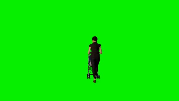 Kvinna driver en barnvagn, grön skärm — Stockvideo