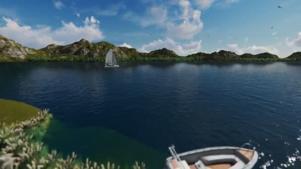 Yacht segling på en sjö omgiven av berg och måsar flyger på en klar dag — Stockvideo