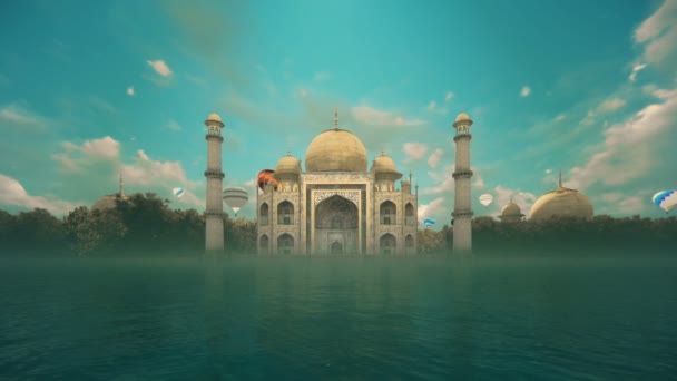 Taj Mahal e balões coloridos de ar quente contra o céu azul — Vídeo de Stock