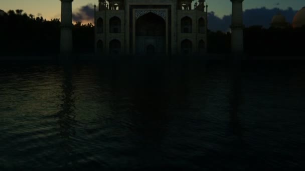 Taj mahal spiegelt sich im Wasser wider gegen den schönen Sonnenaufgang im Zeitraffer — Stockvideo