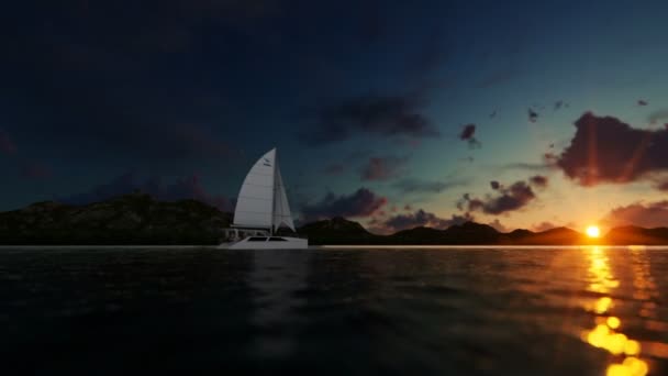 Bateau naviguant sur un lac entouré de montagnes contre le coucher de soleil béatifique et les mouettes volant — Video