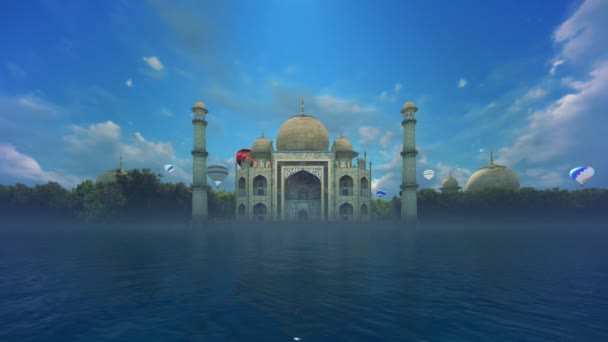 Taj Mahal e balões coloridos de ar quente contra o céu azul, 4K — Vídeo de Stock