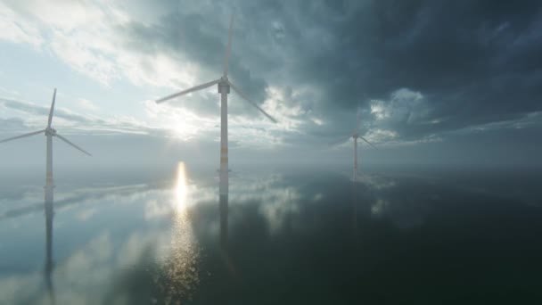 静水上的风力涡轮机 水面上的阳光反射 — 图库视频影像