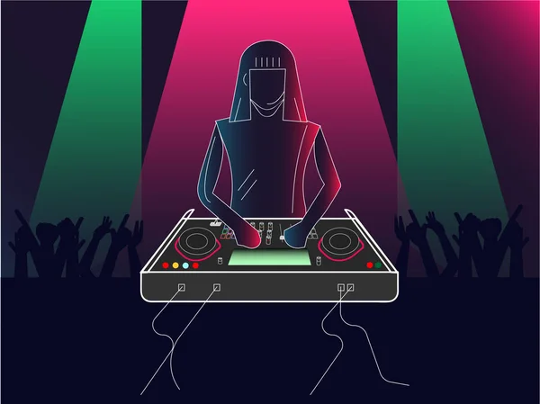 Chica Con Edm Mezclando Produciendo Instrumento Máquina Bajo Luz Colorida — Vector de stock