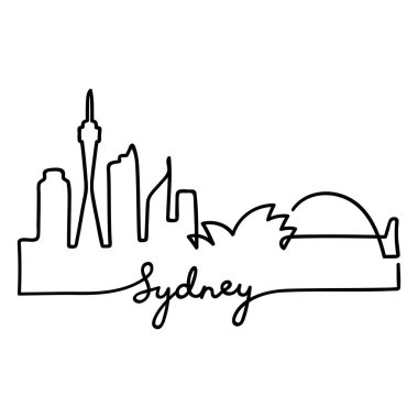 Sydney manzarası bir sürekli çizgi çizilmiş. Basit ve çok az şehir silueti, izole vektör çizim.