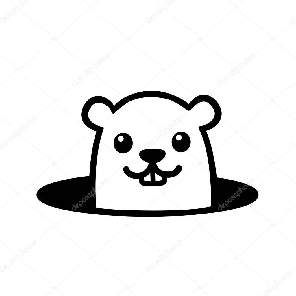 Cute cartoon marmot looking from hole in ground. Groundhog Day illustration. Simple black and white drawing.