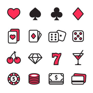 Casino satır Icon set. Poker kartları, zar ve cips, slot makinesidir sembolleri ve para. Basit modern stil vektör simgeler.