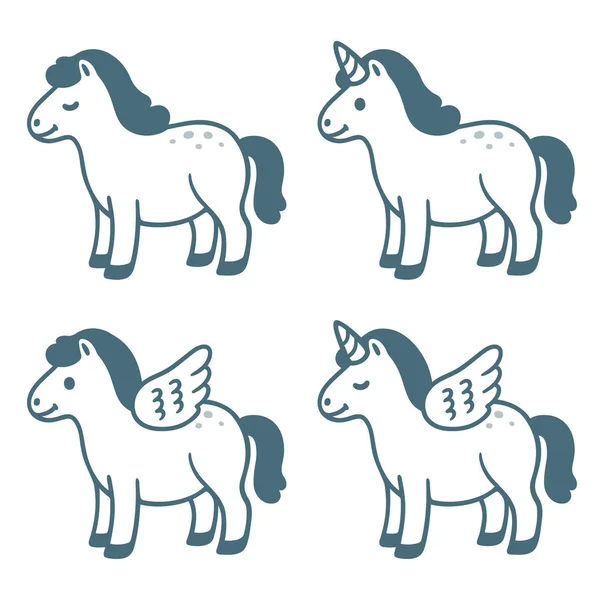Милый Мультяшный Набор Пони Обычная Лошадь Крыльями Pegasus Рогом Unicorn — стоковый вектор
