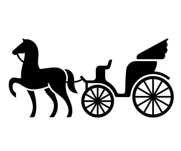 Vintage horse drawn carriage. Stylized silhouette of horse and passenger buggy. Black and white isolated vector illustration.
