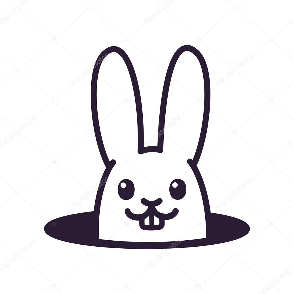 Cute cartoon rabbit looking from hole in ground. Simple black and white bunny drawing, isolated vector illustration.