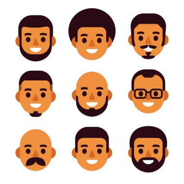 Çizgi film siyah adam avatar simge seti. Farklı saç ve sakal ile erkek portre sevimli ve basit. Düz tasarlamak vektör.