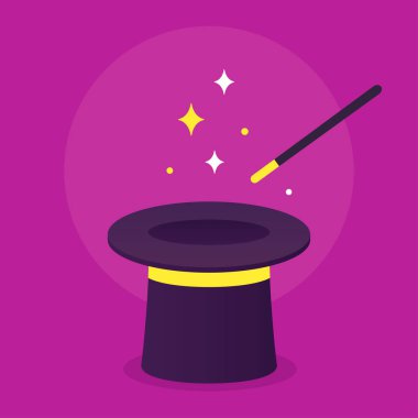 Sihirbaz şapka ve sihirli asa mor arka plan üzerinde parıldıyor. Basit çizgi film vektör çizim.