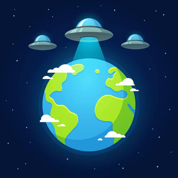 外星人入侵 飞碟飞碟在地球上空的外层空间 卡通矢量插画 — 图库矢量图片