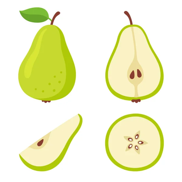 Set Cartoni Animati Pere Verdi Sezione Trasversale Pera Tagliata Frutta — Vettoriale Stock