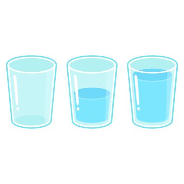 Üç bardak su: boş, yarı dolu ve tam. Beyaz arka plan üzerinde izole karikatür vektör çizim.