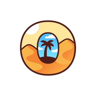 Oasis logo şeklinde mektup O. palmiye ağacı siluet kum çöl dunes içinde. Tipografi tasarlamak.