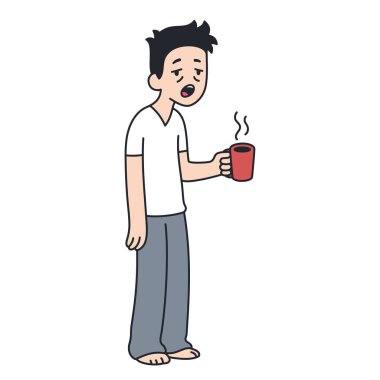 Kahve holding ve esneme uykulu adam. Sabah rutin karikatür çizimi.