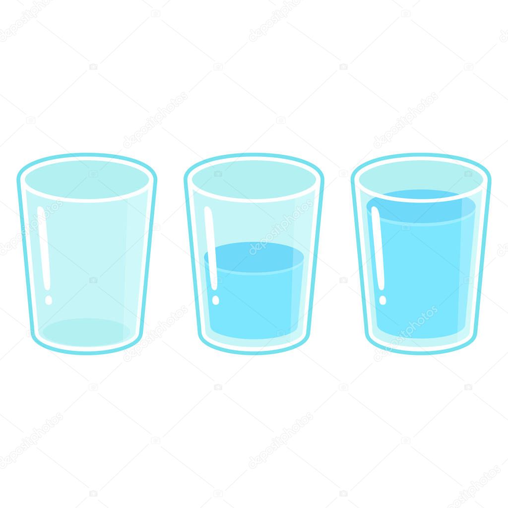 Three glasses of water: empty, half full and full. Cartoon vector illustration isolated on white background.
