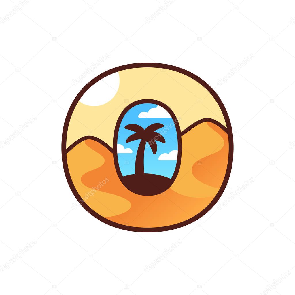 Oasis logo in shape of letter O. Palm tree silhouette inside sand desert dunes. Typography design illustration.