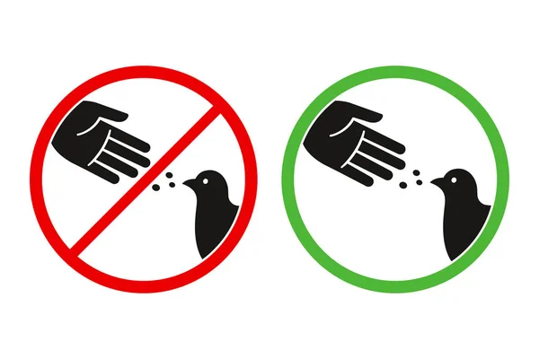 不要喂鸟警告标志 样式化的载体鸽子剪影和手符号在横渡的红色圈子 绿色圆圈允许饲养动物 — 图库矢量图片
