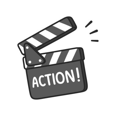 Işık, kamera, eylem! Metin ile fıçı tahtası yapım film. Çizgi film vektör çizim el çekilmiş.