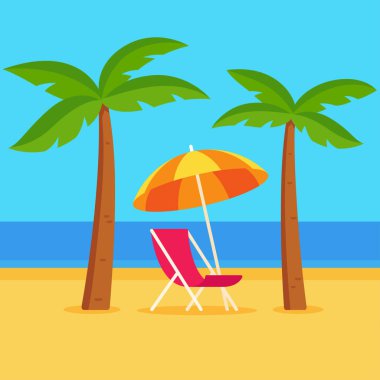 Tropicl yaz tatil vektör çizim. Şemsiye ve plaj sandalye arasında palmiye ağaçları, basit karikatür tarzı ile plaj sahnesi.