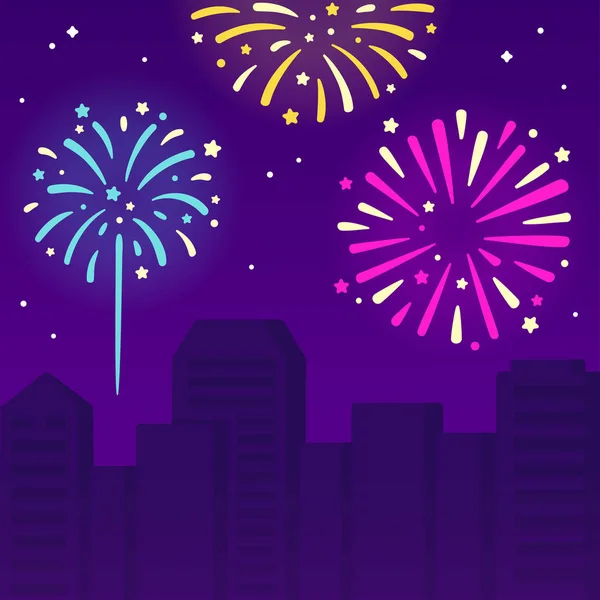Πυροτεχνήματα Στον Ουρανό Πάνω Από Την Πόλη Βράδυ Πρωτοχρονιά Εικονογράφηση — Διανυσματικό Αρχείο