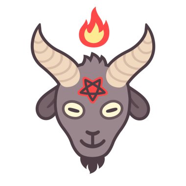Cartoon style Satan drawing, goat head with pentagram and fire. Beelzebub or Baphomet, satanic symbol. Cute devil vector illustration. clipart