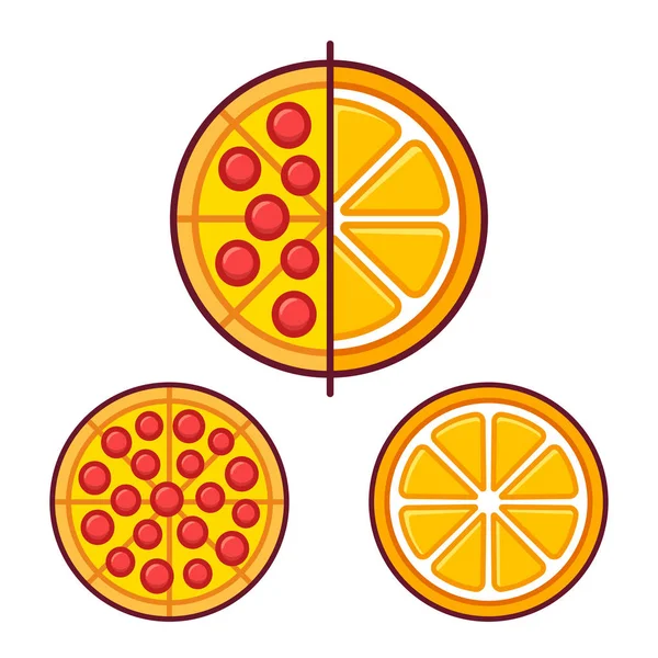 Пицца Оранжевые Фрукты Концепция Выбора Здорового Нездорового Питания Круг Разделен — стоковый вектор